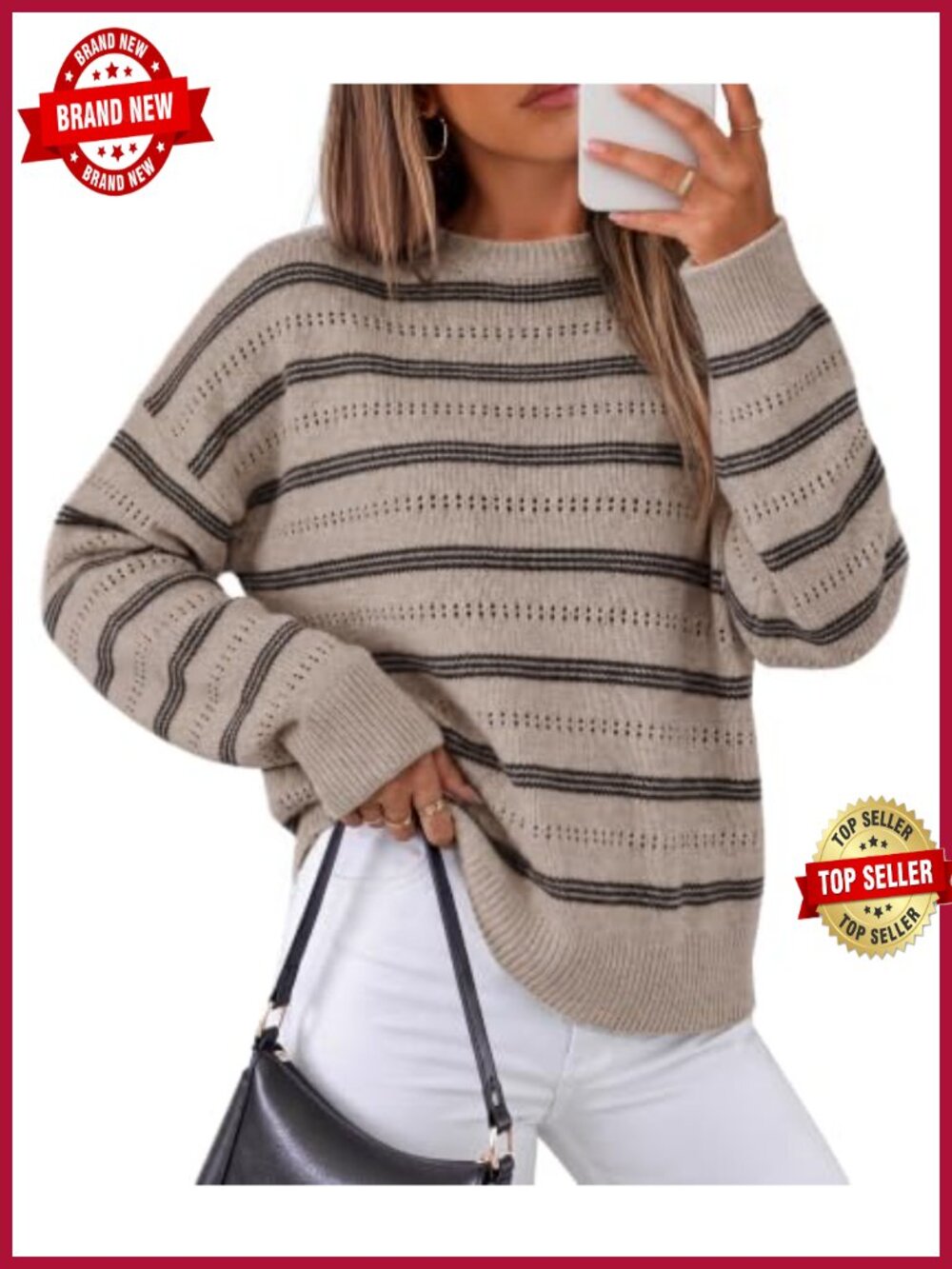 Casual Long Sleeve Striped Pullover Sweater Crew Neck Loose Fit